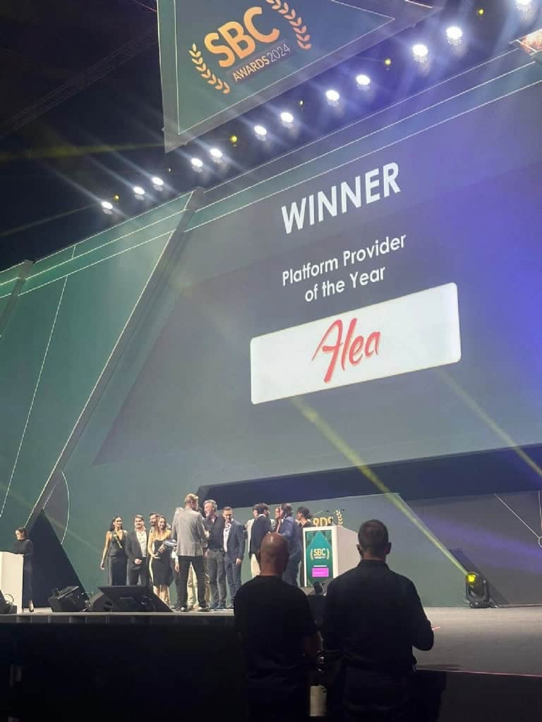 Alea team at the stage of SBC Awards 2024, receiving the recognition as Platform Provider of the Year.